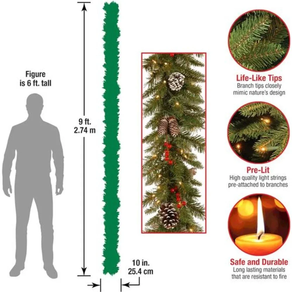 Pre-Lit Artificial Christmas Garland, Green, Frosted Berry, White Light, 9 Feet